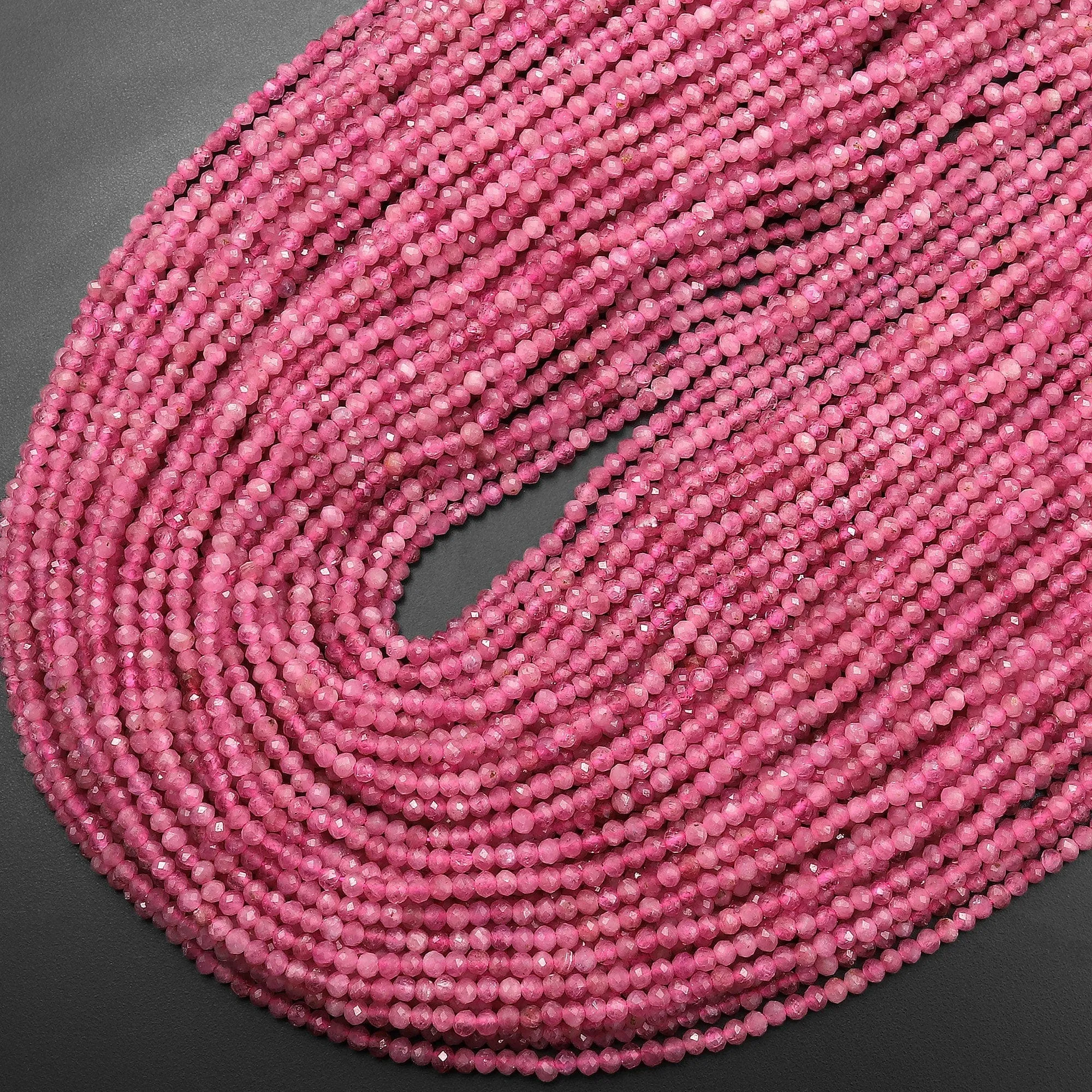 AAA Faceted Natural Pink Tourmaline 2mm Round Beads Gemstone 15.5" Strand