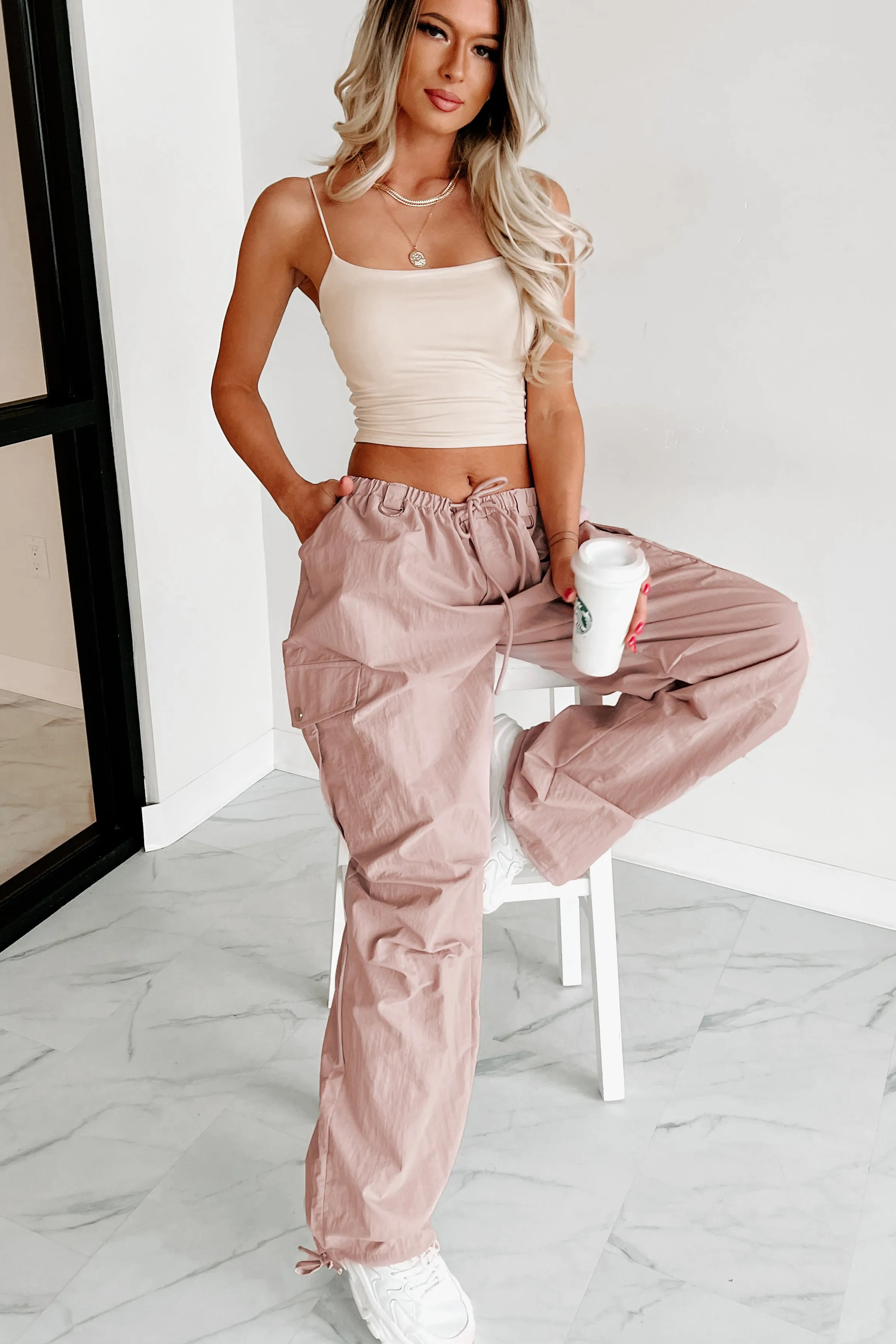 Addicted To Adventure High Rise Nylon Cargo Pants (Pale Rose)