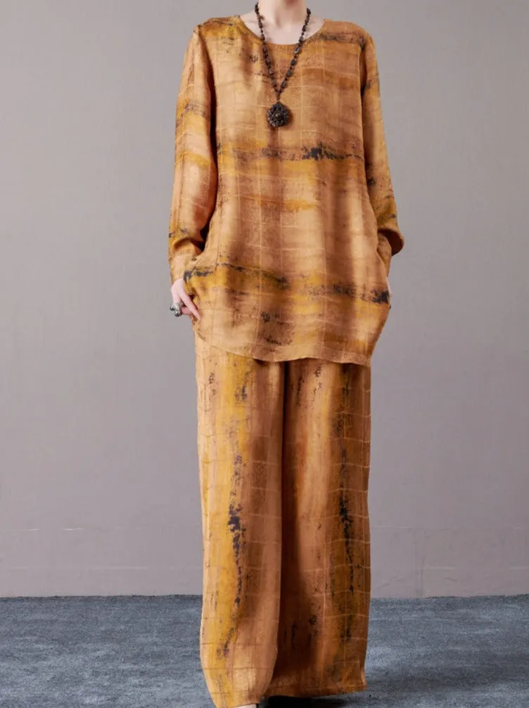 Artistic Earth-Tone Long Shirt and Wide-Leg Pants Set