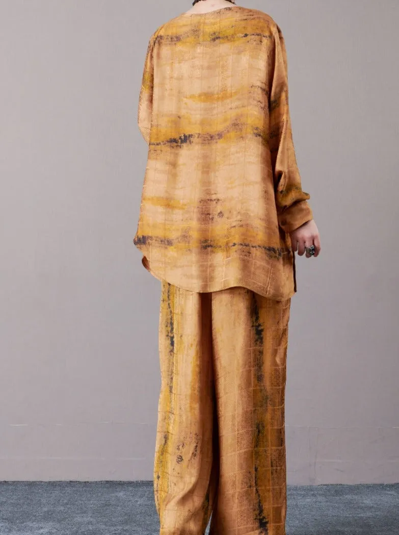 Artistic Earth-Tone Long Shirt and Wide-Leg Pants Set