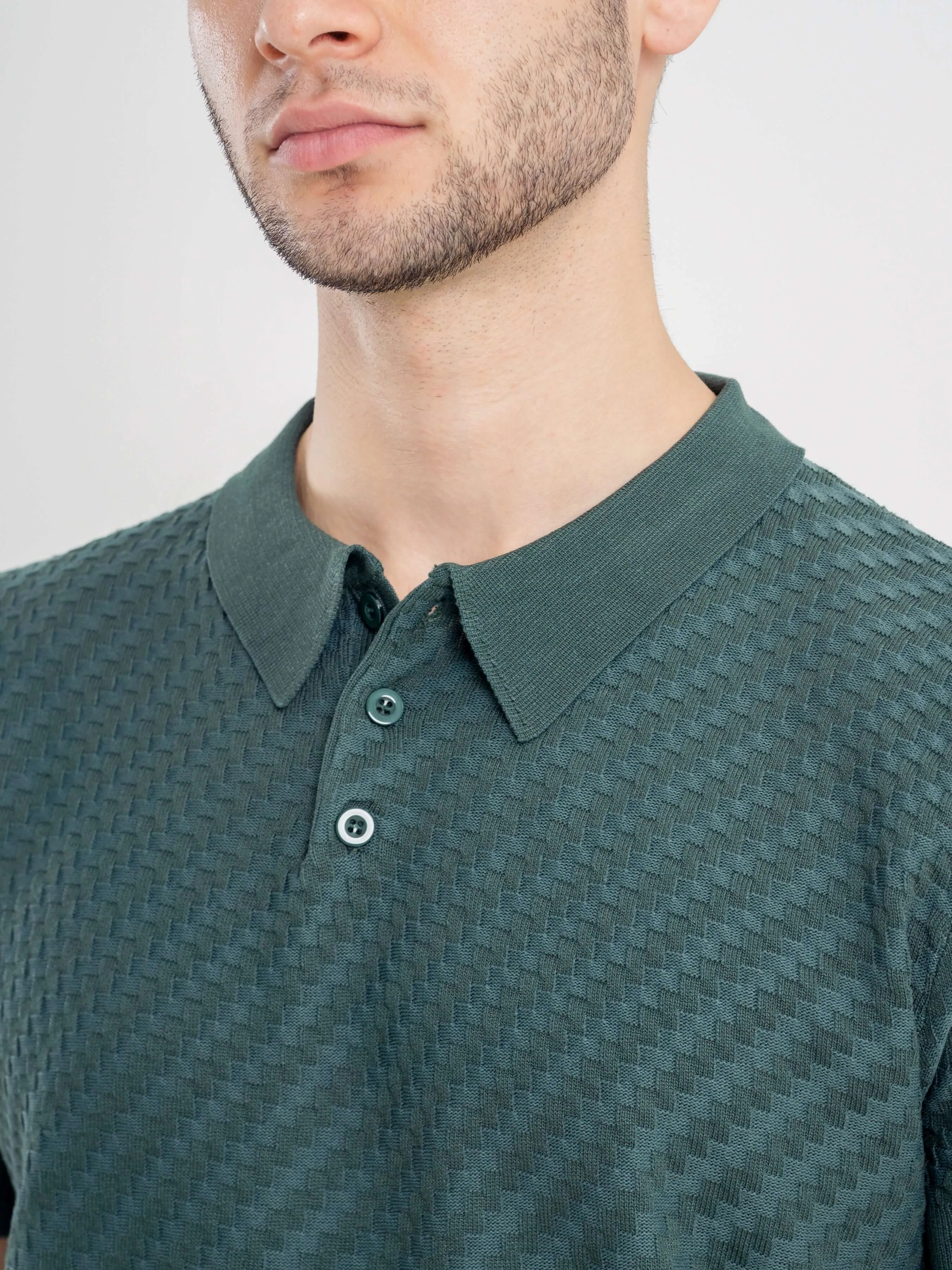 Basketweave Knit Polo Tee - Forest Green