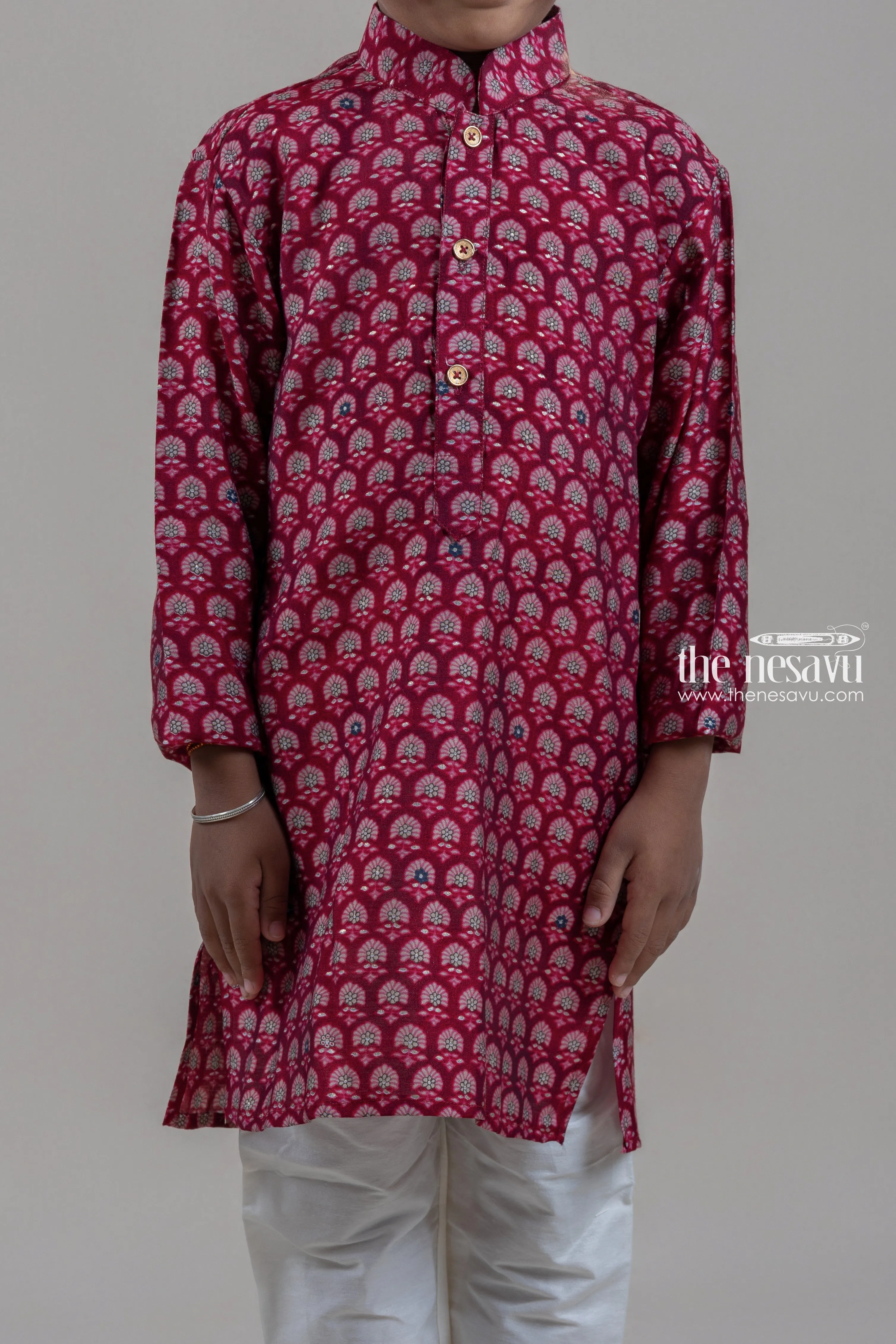 Beautiful Deeppink Floral Printed Kurta With Half White Pant For Boys