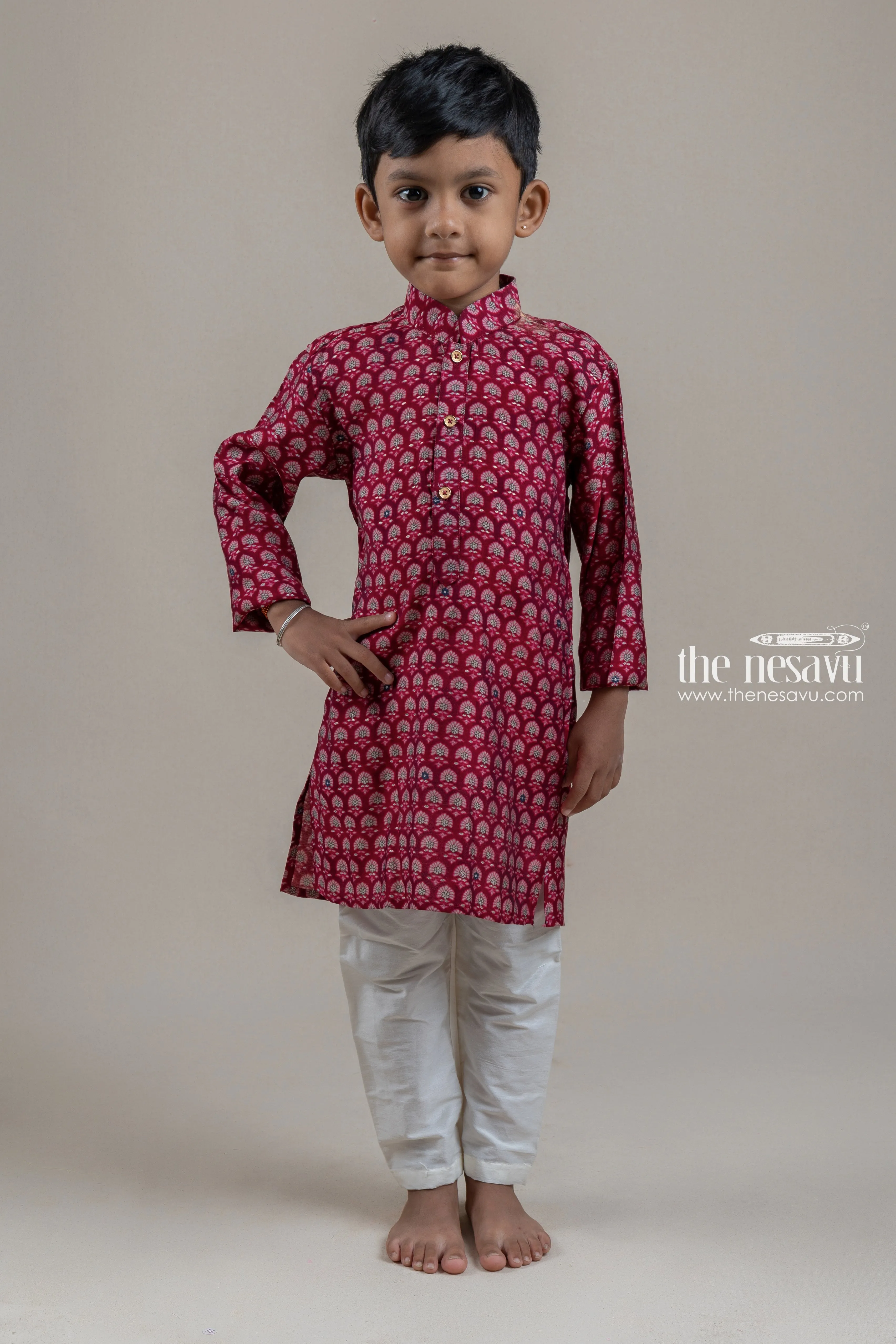 Beautiful Deeppink Floral Printed Kurta With Half White Pant For Boys