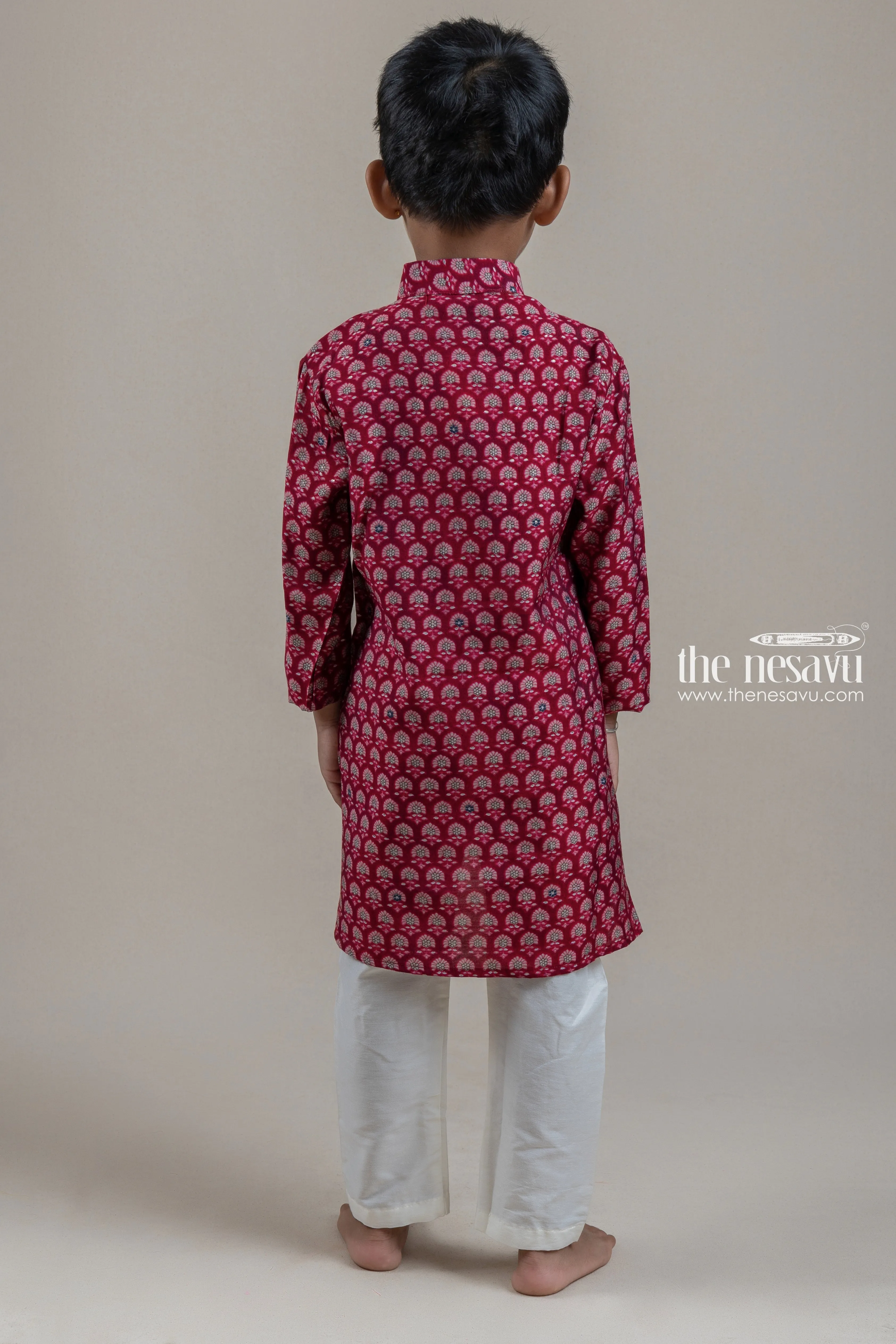 Beautiful Deeppink Floral Printed Kurta With Half White Pant For Boys