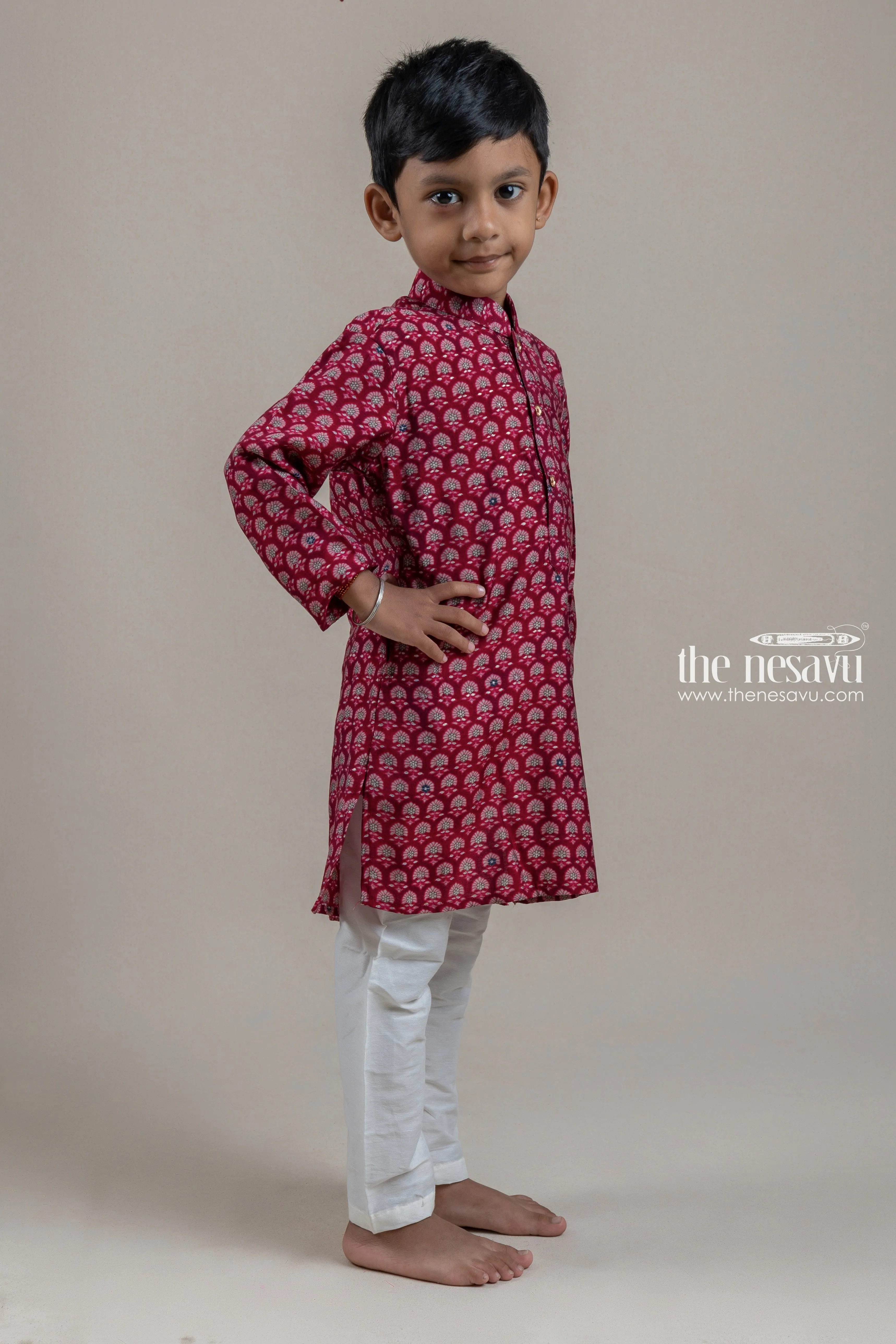 Beautiful Deeppink Floral Printed Kurta With Half White Pant For Boys