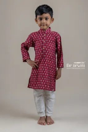 Beautiful Deeppink Floral Printed Kurta With Half White Pant For Boys