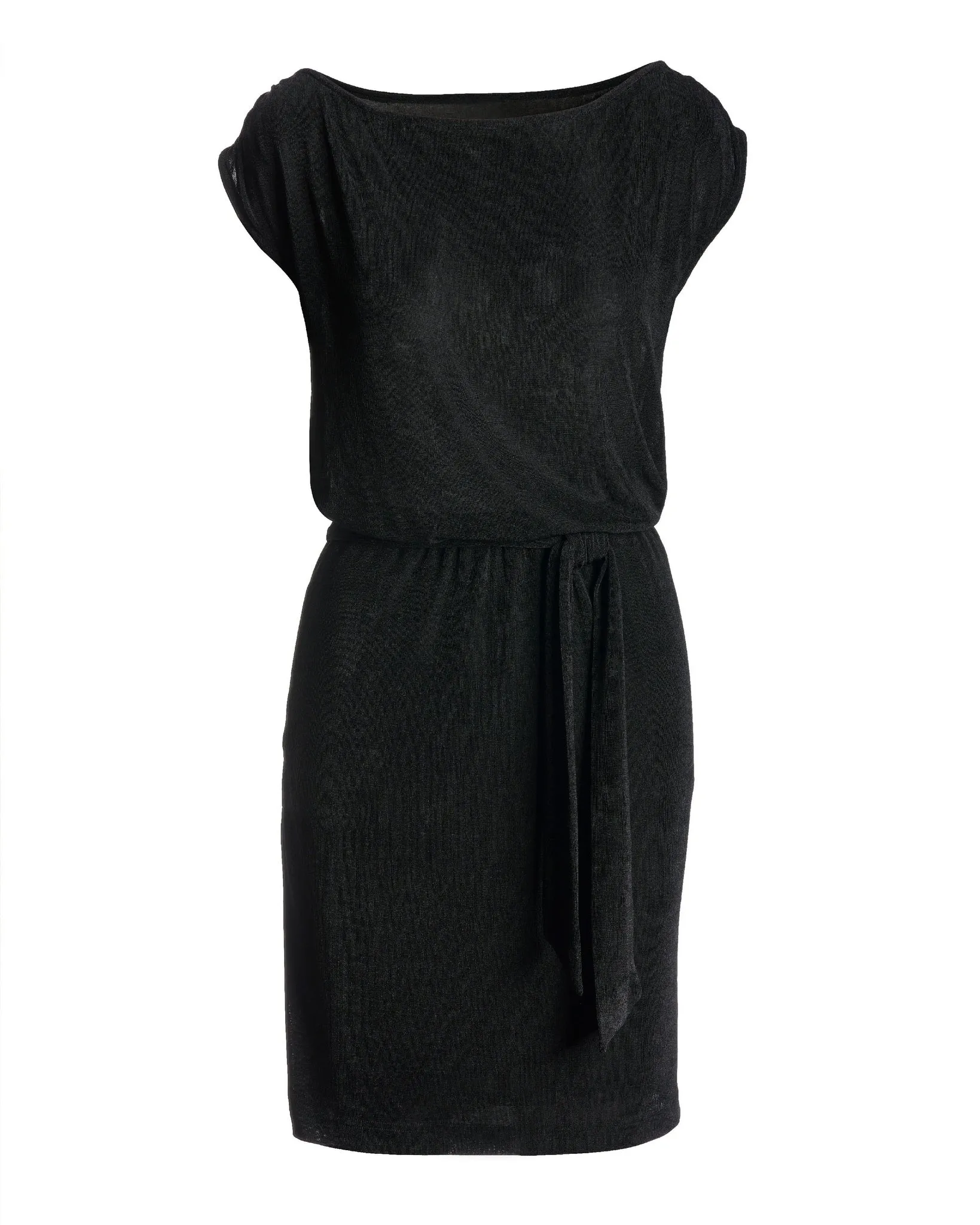 Boat Neck Blouson Versatile Slinky Knit Dress Black