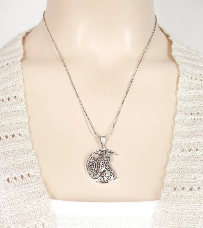 Celtic Wolf Howling at the Crescent Moon Pendant