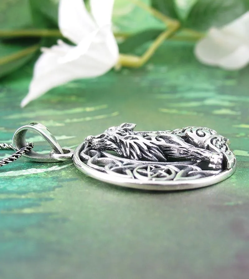 Celtic Wolf Howling at the Crescent Moon Pendant