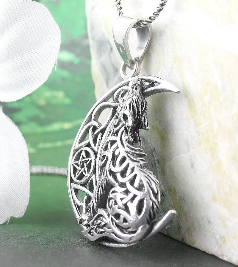 Celtic Wolf Howling at the Crescent Moon Pendant