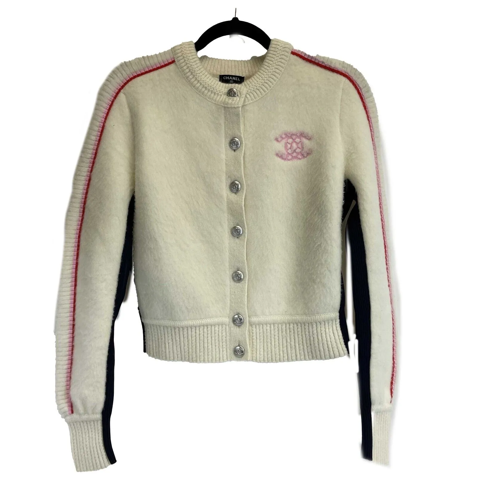 Chanel 21-22FW Varsity Sweater Jacket - Ivory Pink CC / Racer Trim - 34 US 2