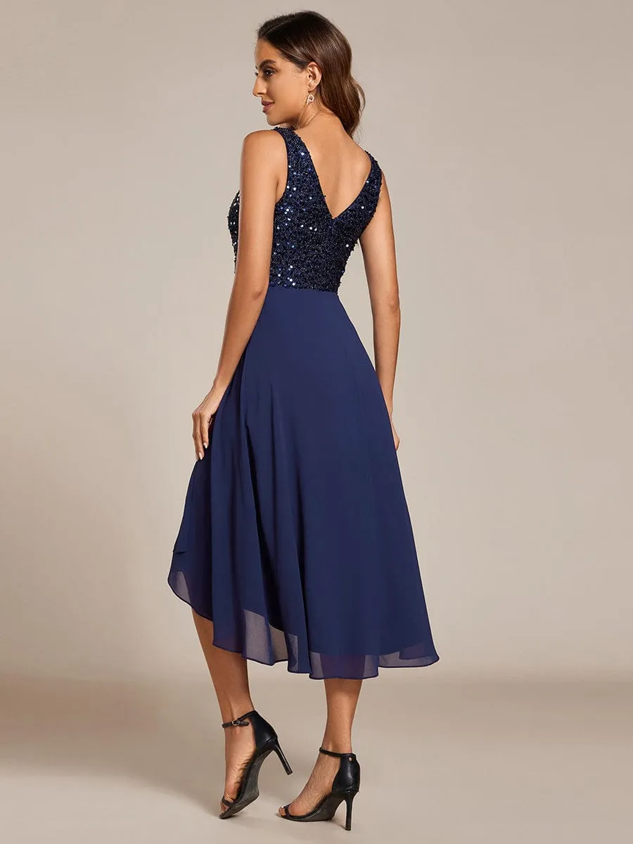 Chic V-Neck Sleeveless Chiffon Wedding Guest Dress with Sequin Bodice