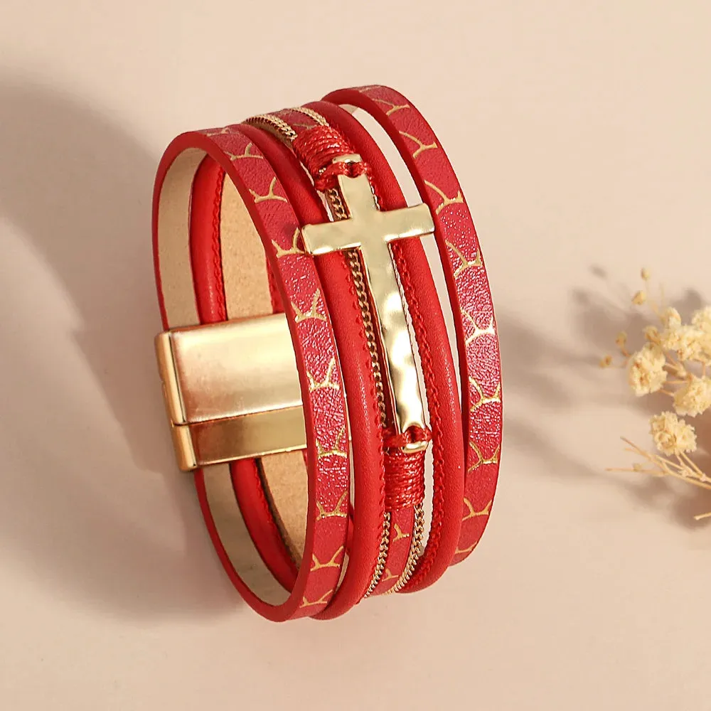 'Cross' Charm Cuff Bracelet - red