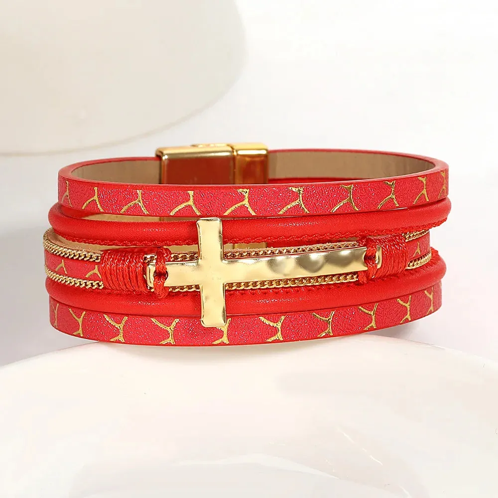 'Cross' Charm Cuff Bracelet - red