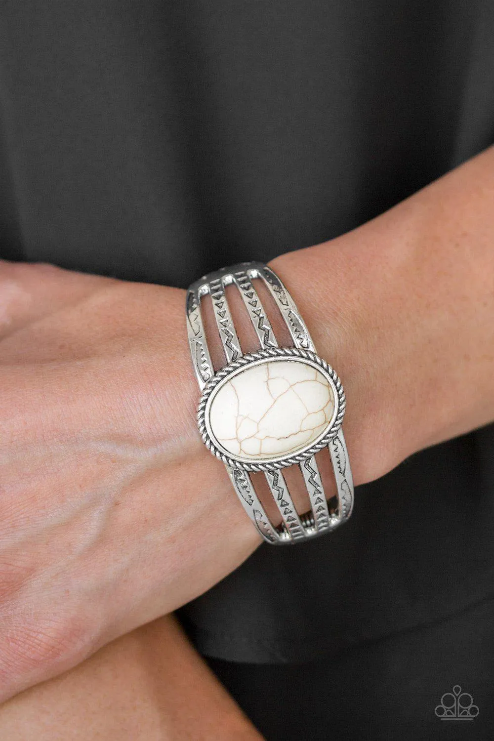 Desert Glyphs White Stone Hinged Cuff Bracelet - Paparazzi Accessories