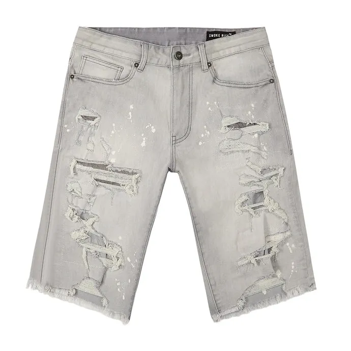 Distressed Rip & Repair Jean Shorts - Light Grey