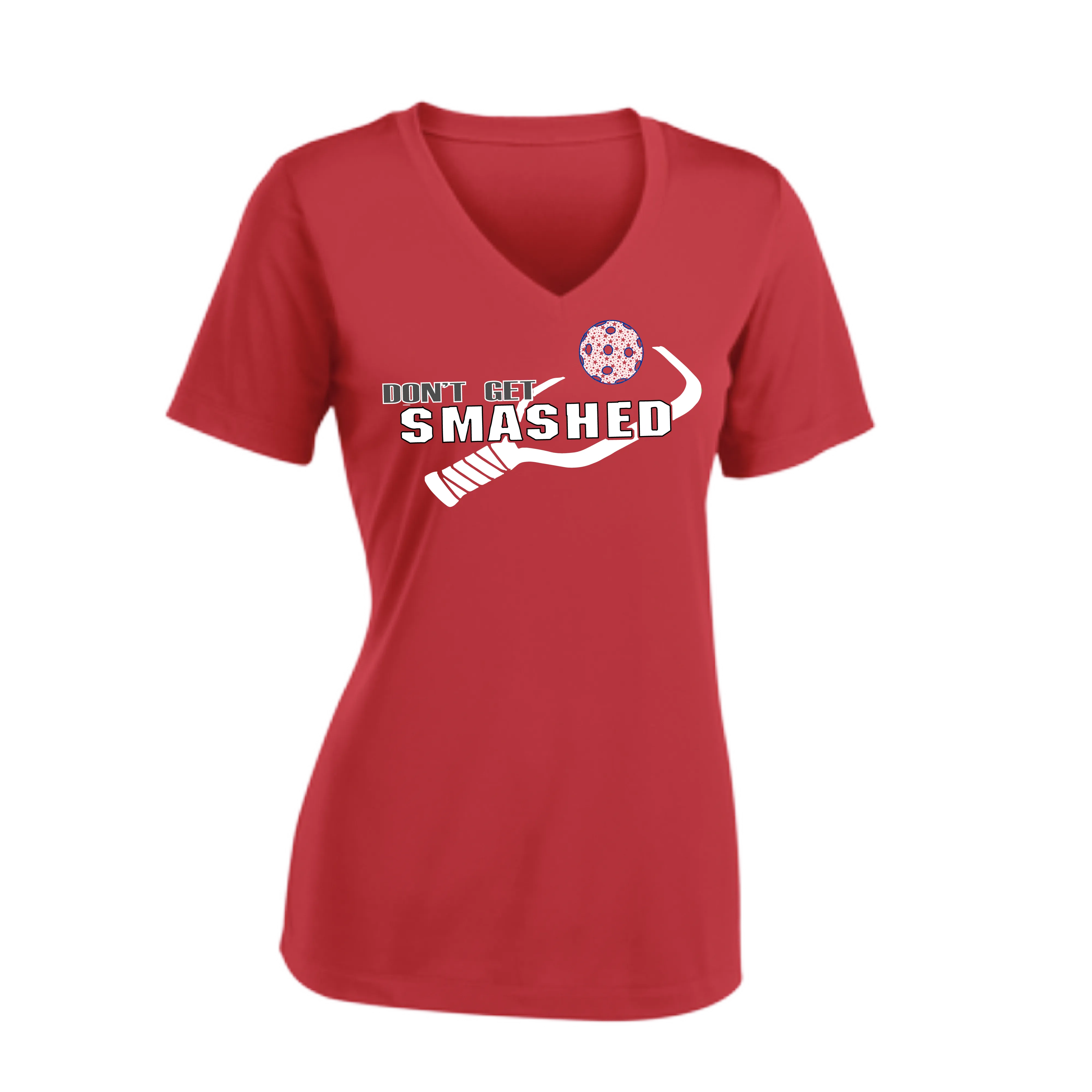 Don't Get Smashed Customizable Pickleballs (Patriotic Stars) | Women's Short Sleeve V-Neck Pickleball Shirts | 100% Polyester