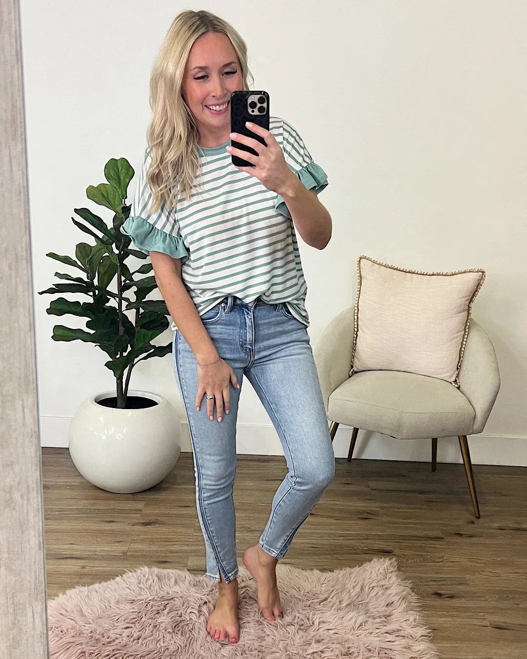 Elizabeth Striped Ruffle Sleeve Top - Jade