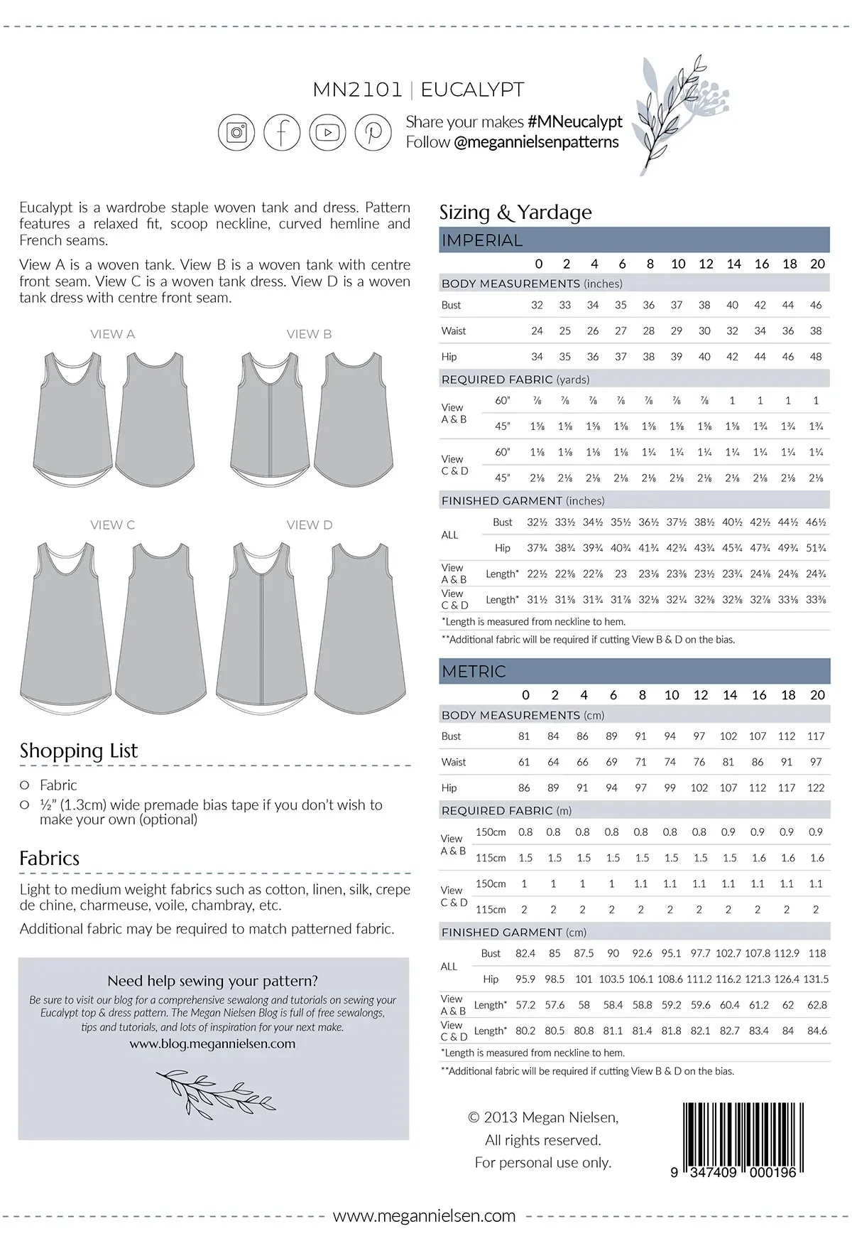 Eucalypt Tank Top and Dress Sewing Pattern by Megan Nielsen Patterns, Sizes 0-20