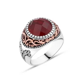 Facet Cut Red Small Circle Zircon Stone Silver Men's Ring with Wavy Top Pattern