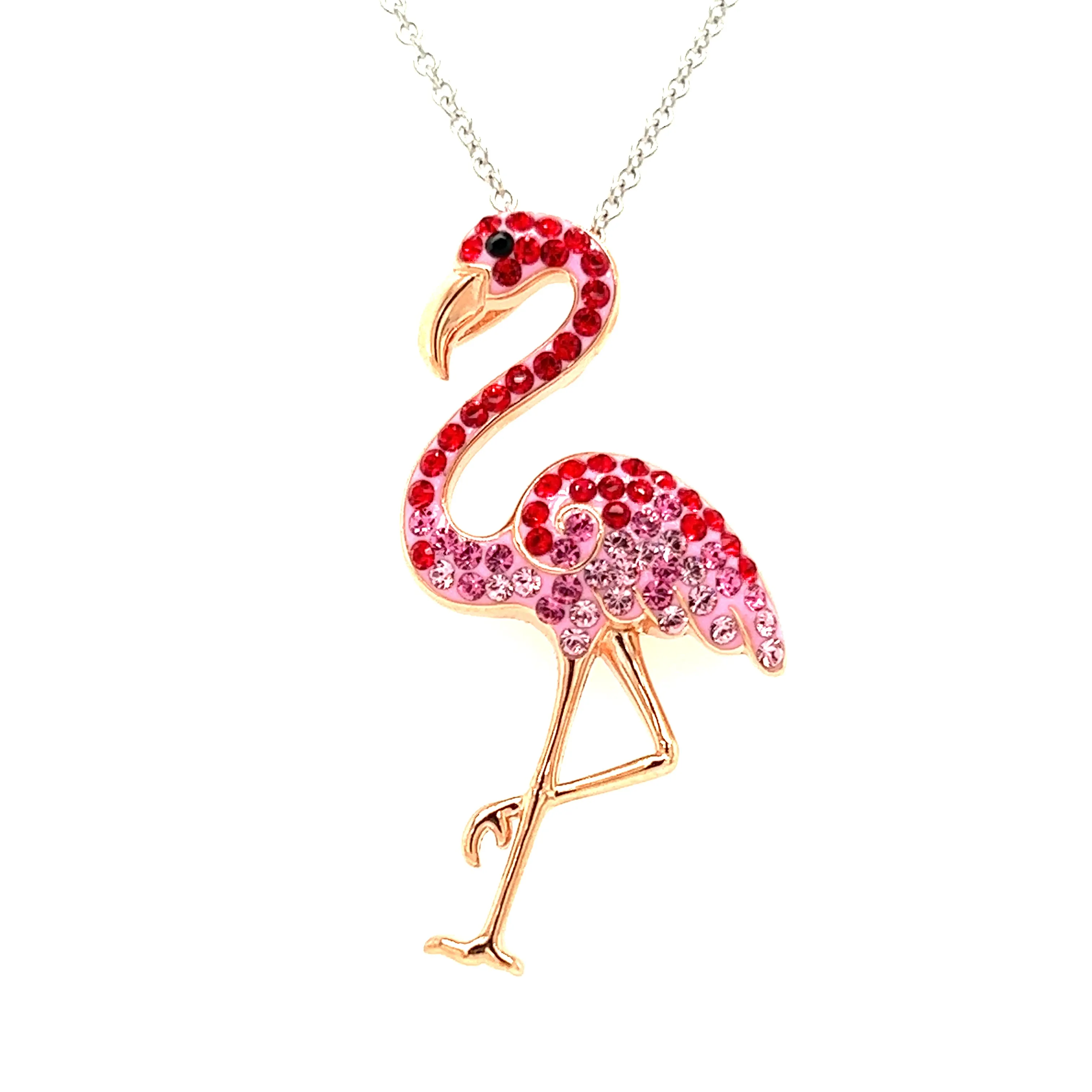 Flamingo Necklace with Red and Pink Crystals and Rose Gold Plating in Sterling Silver