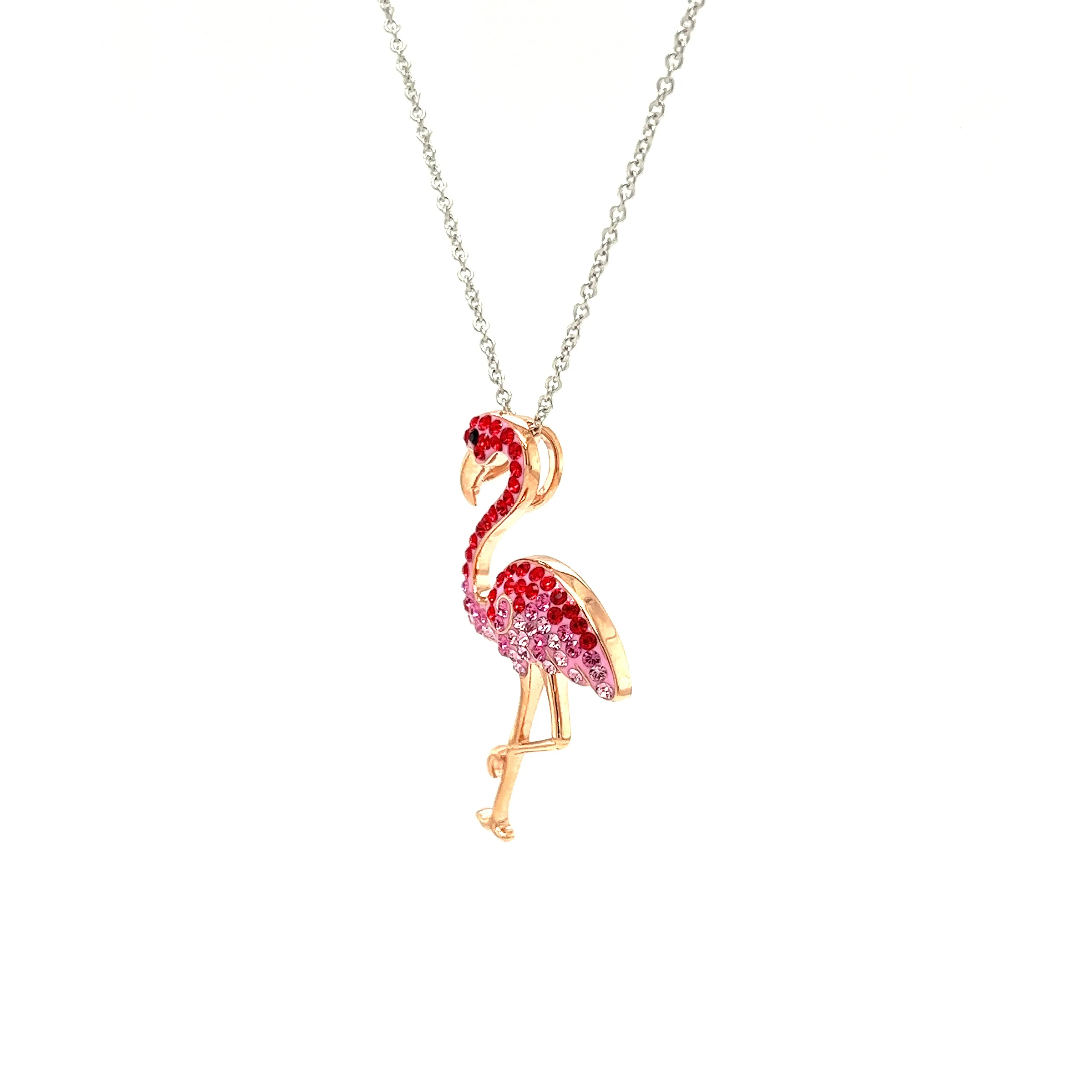 Flamingo Necklace with Red and Pink Crystals and Rose Gold Plating in Sterling Silver