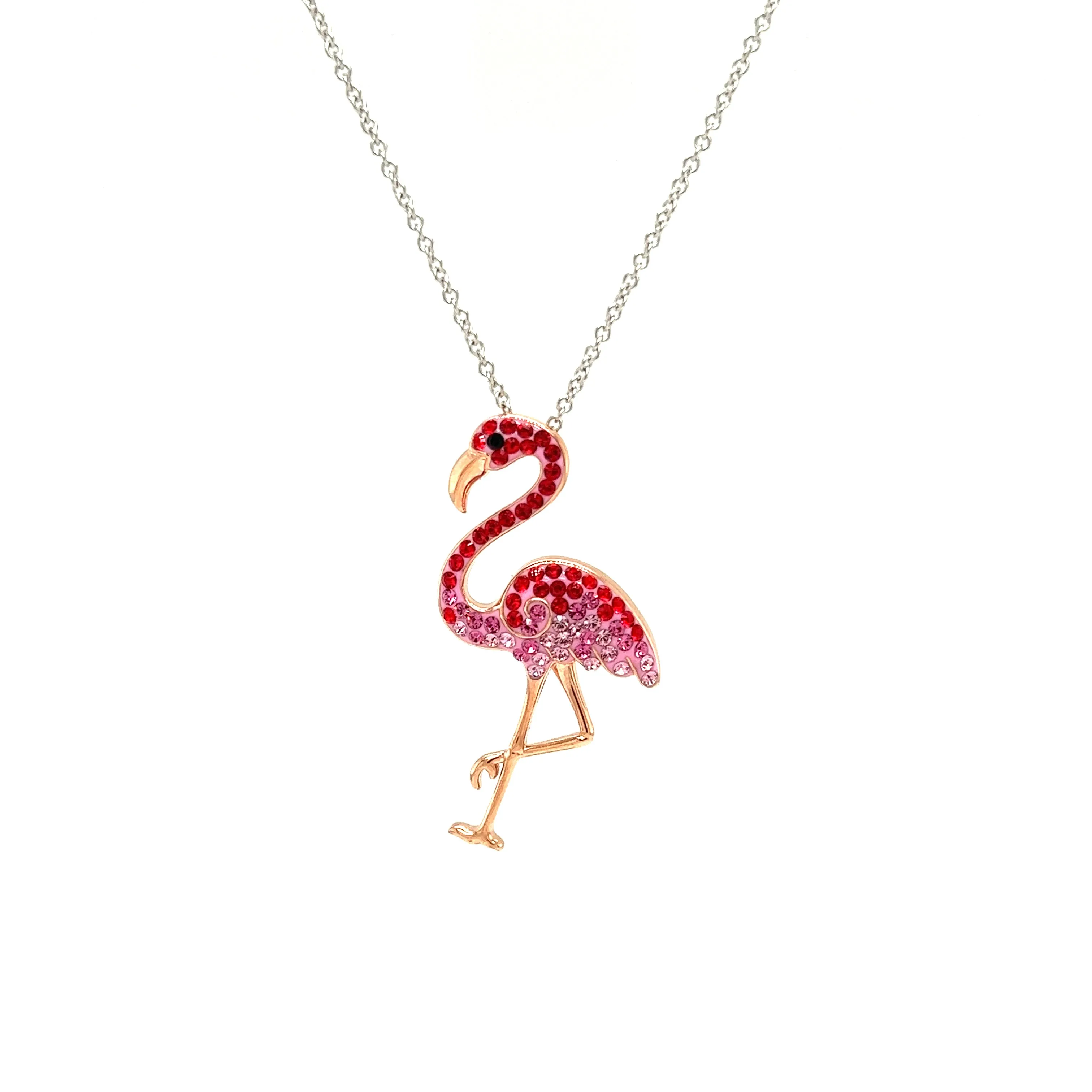 Flamingo Necklace with Red and Pink Crystals and Rose Gold Plating in Sterling Silver