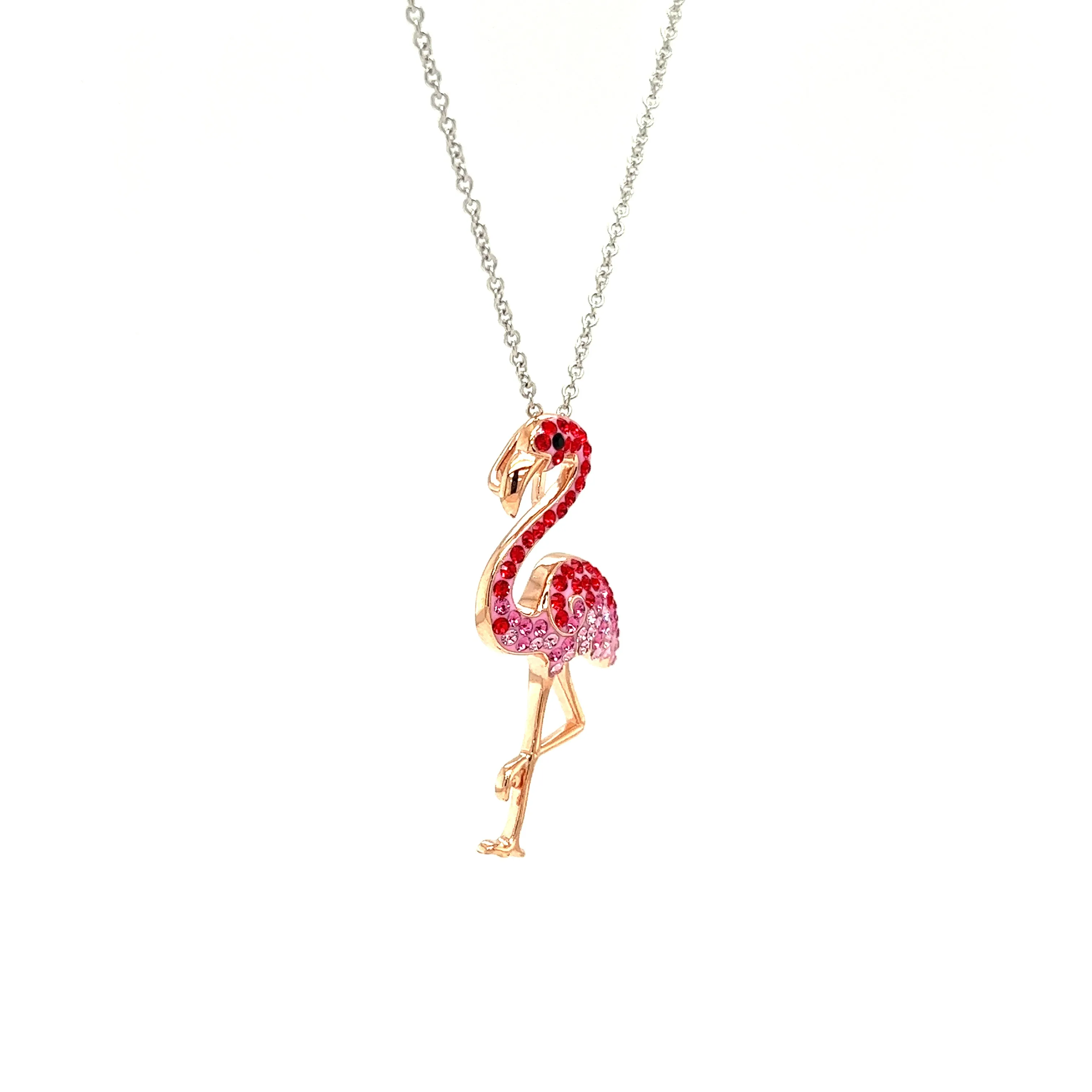 Flamingo Necklace with Red and Pink Crystals and Rose Gold Plating in Sterling Silver