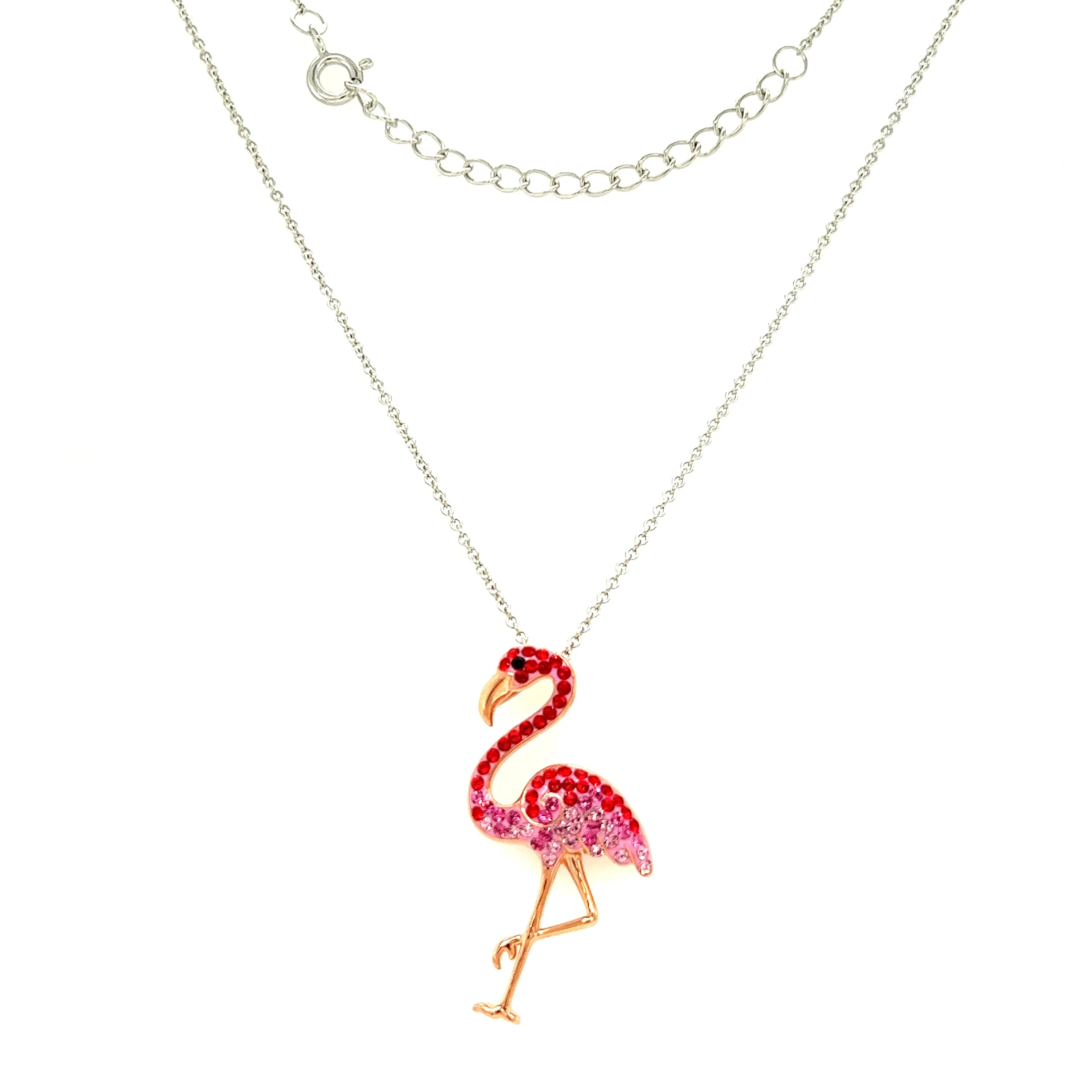 Flamingo Necklace with Red and Pink Crystals and Rose Gold Plating in Sterling Silver