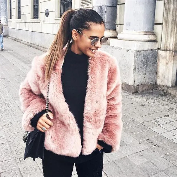 Free Ship Fluffy Mink Pink Faux Fur Coat