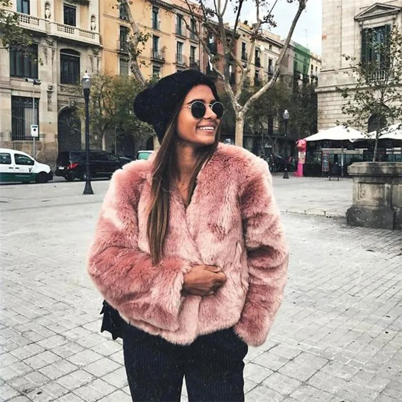 Free Ship Fluffy Mink Pink Faux Fur Coat