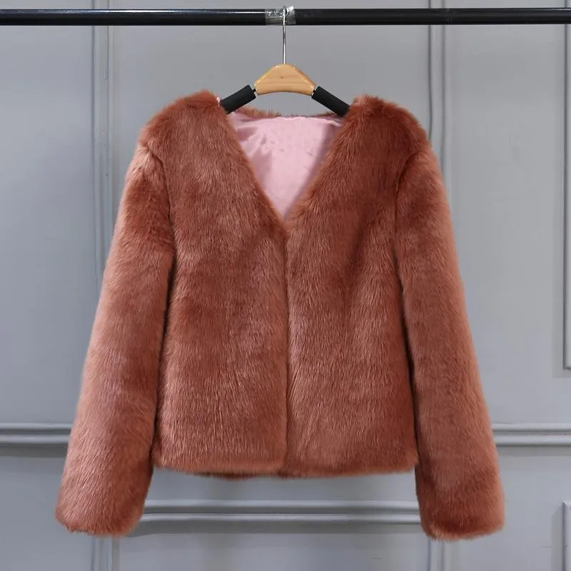 Free Ship Fluffy Mink Pink Faux Fur Coat