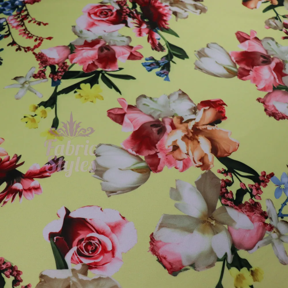 FS095 Floral Bouquet Stretch Knit Fabric White Pink Yellow