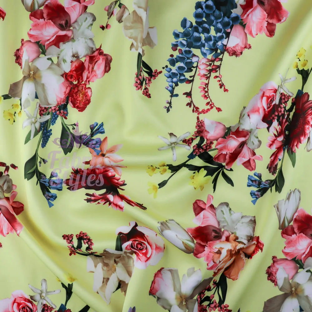 FS095 Floral Bouquet Stretch Knit Fabric White Pink Yellow