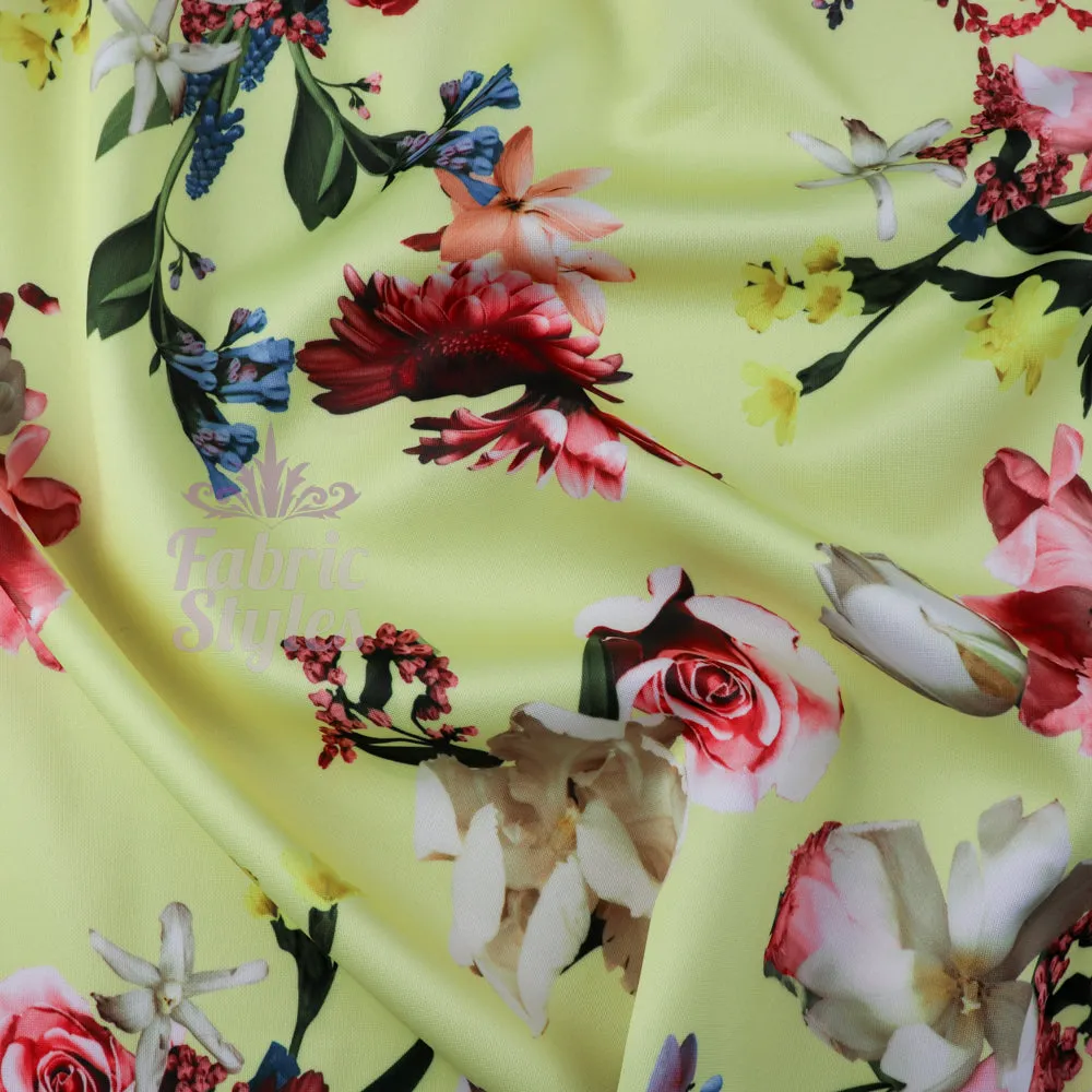 FS095 Floral Bouquet Stretch Knit Fabric White Pink Yellow