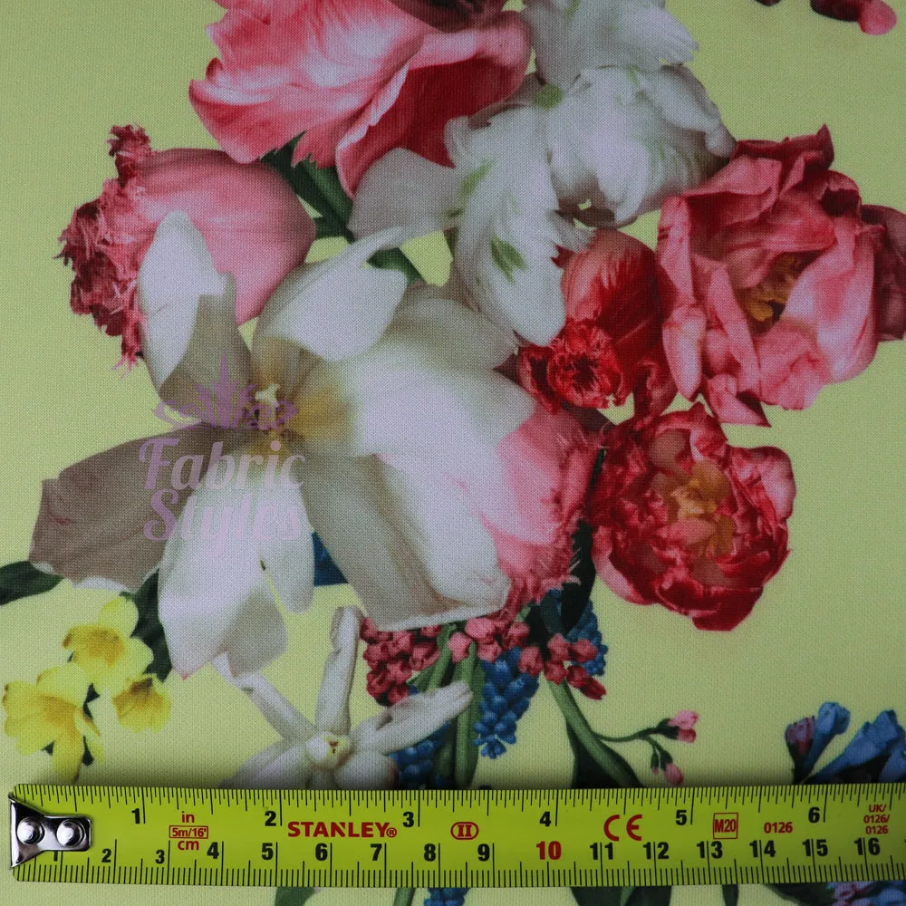 FS095 Floral Bouquet Stretch Knit Fabric White Pink Yellow