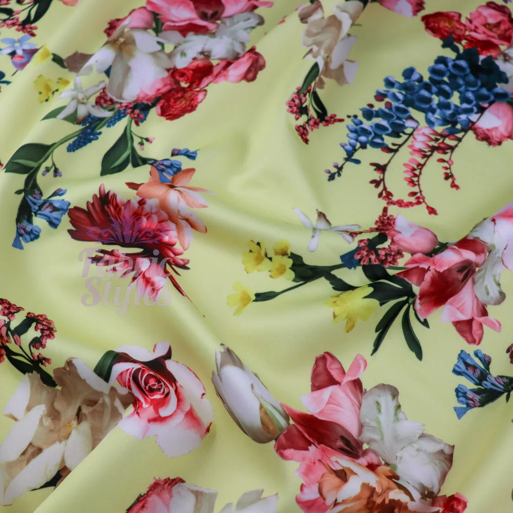 FS095 Floral Bouquet Stretch Knit Fabric White Pink Yellow