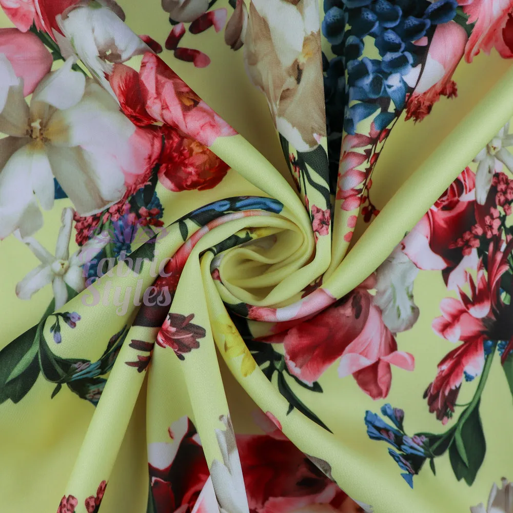 FS095 Floral Bouquet Stretch Knit Fabric White Pink Yellow