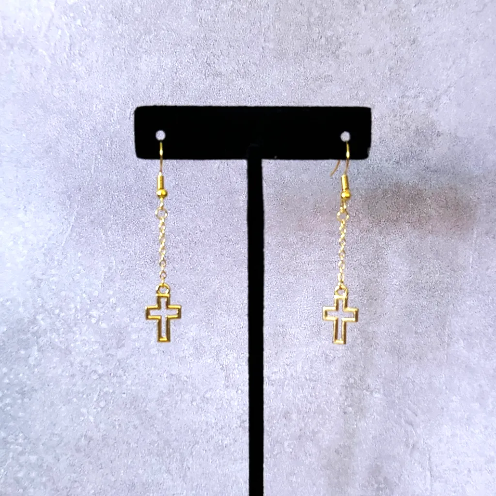 Gold Cut-Out Cross Dangel Earrings