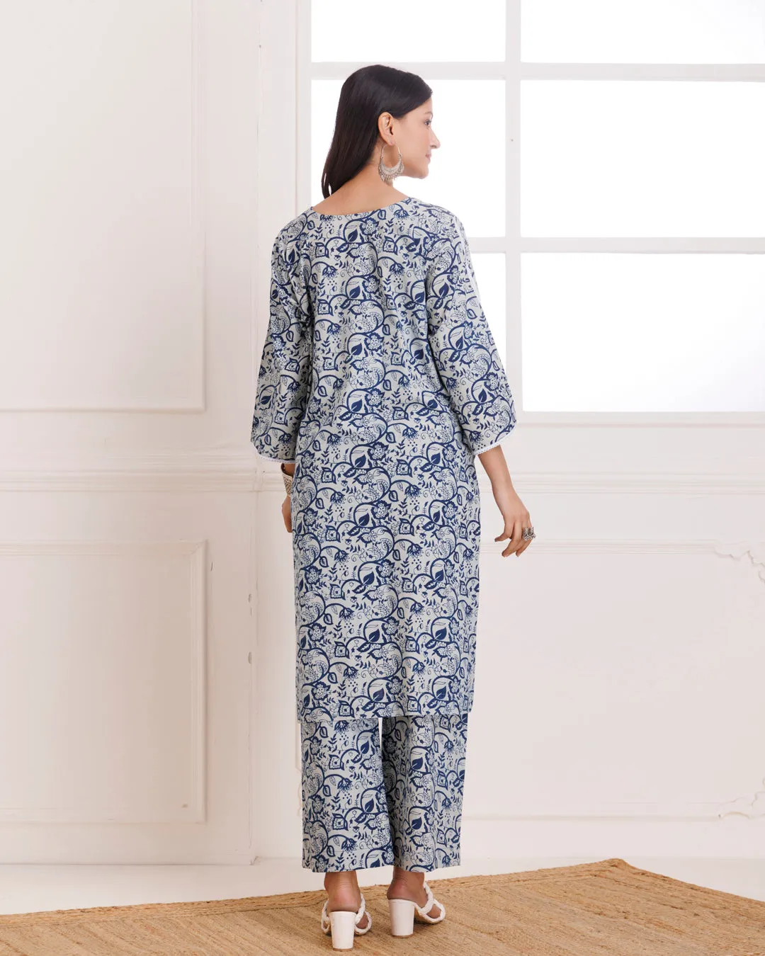 Indigo & White Dabu Hand Block Printed Cotton Kurta Pant