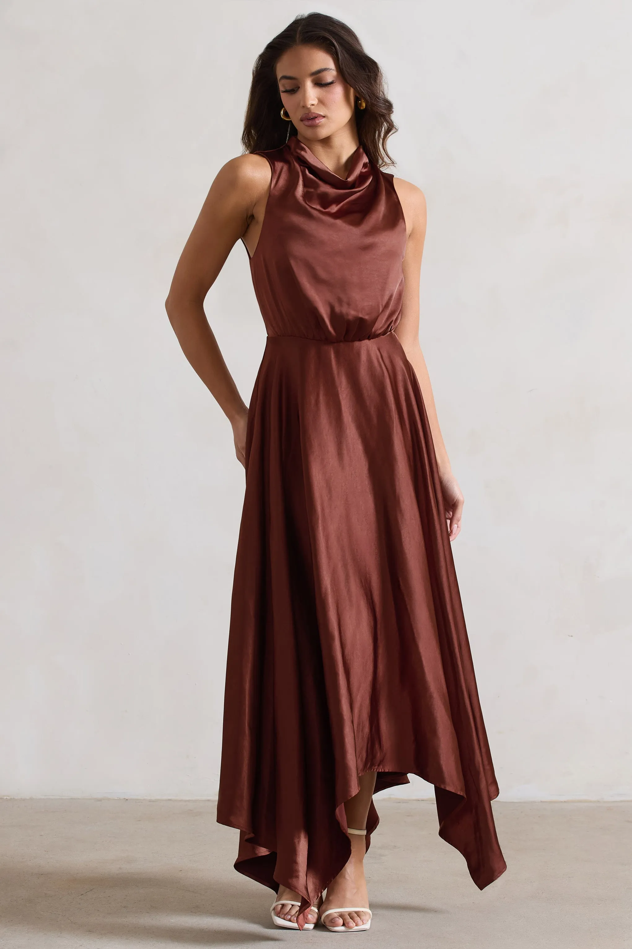 Kerri | Chocolate Brown Satin Cowl-Neck Maxi Dress