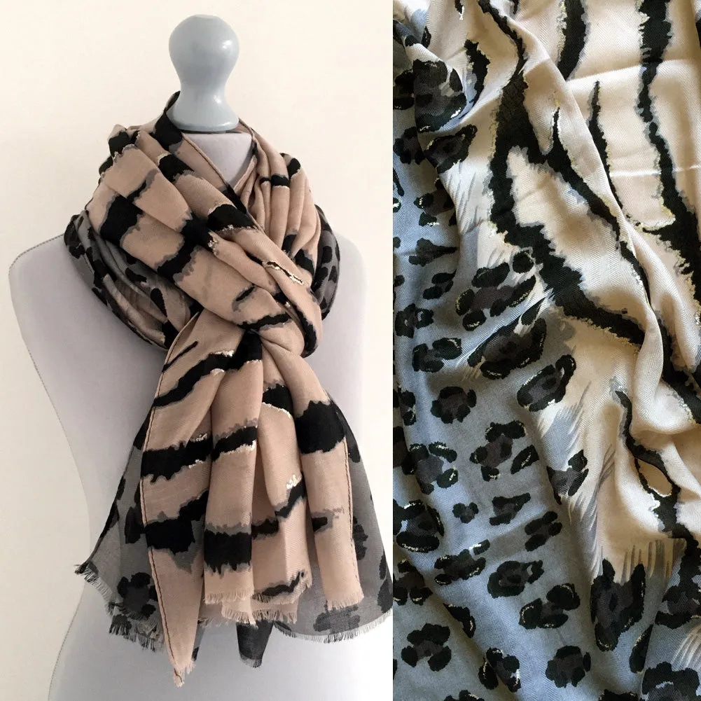 LARGE PALE PINK ZEBRA AND LEOPARD PRINT SHAWL SCARF