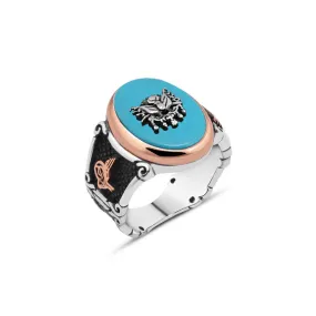 Ottoman Empire Coat of Arms on Ellipse Turquoise Stone Silver Men’s Ring Siding Ottoman Tughra