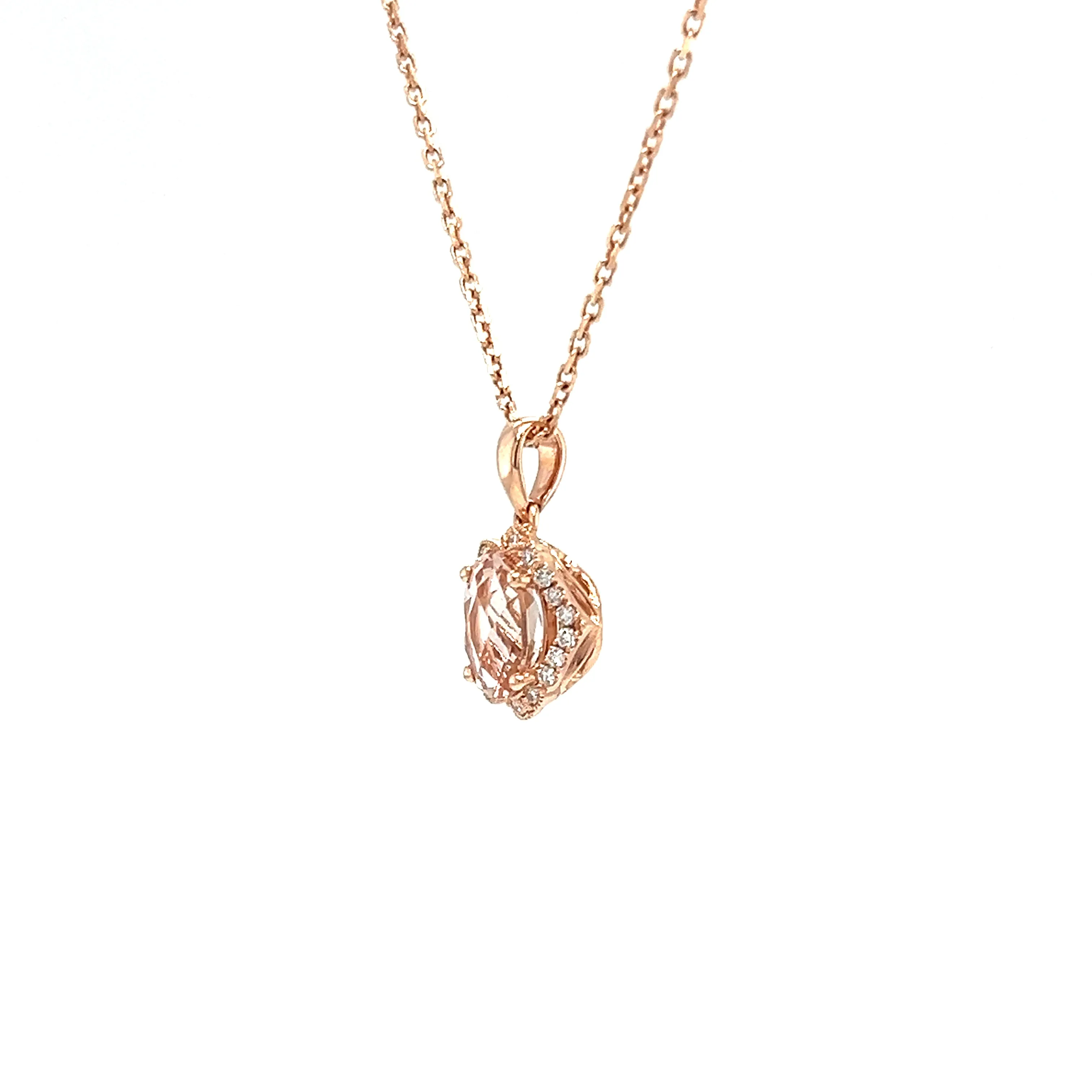 Oval Morganite Pendant with Eighteen Diamonds in 14K Rose Gold