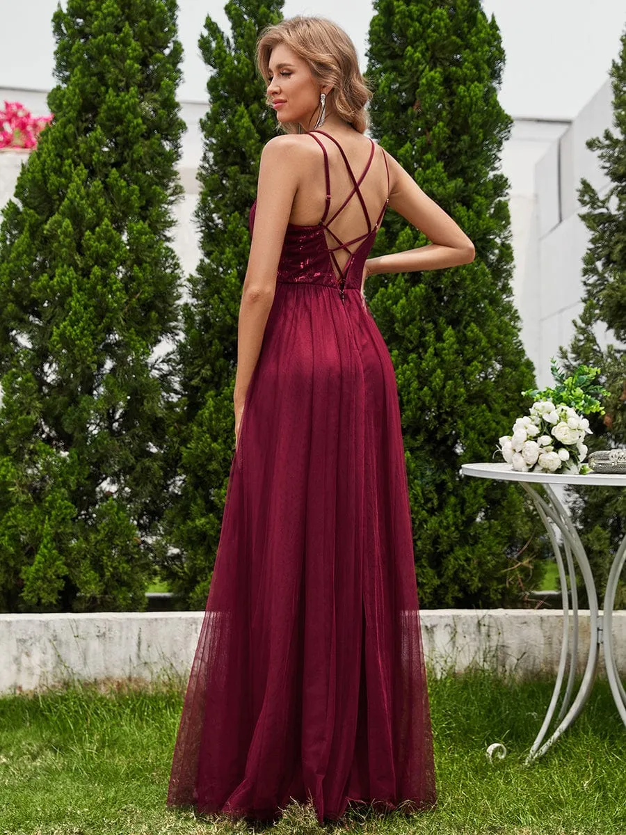 Paillette A-Line Tulle Bridesmaid Dress with Cross-Back Straps