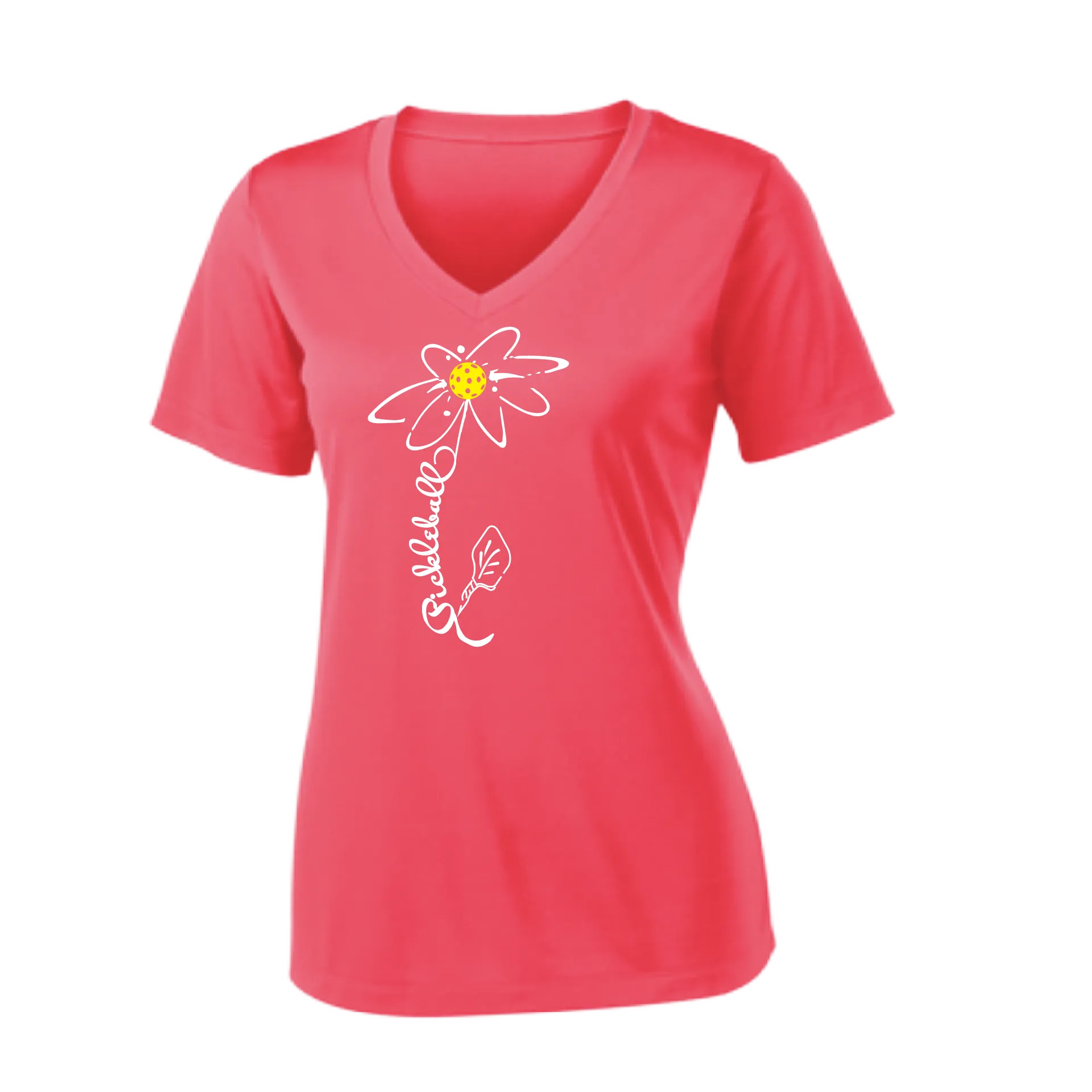 Pickleball Flower (Yellow, Cyan or Green) | Women's Short Sleeve V-Neck Pickleball Shirts | 100% Polyester