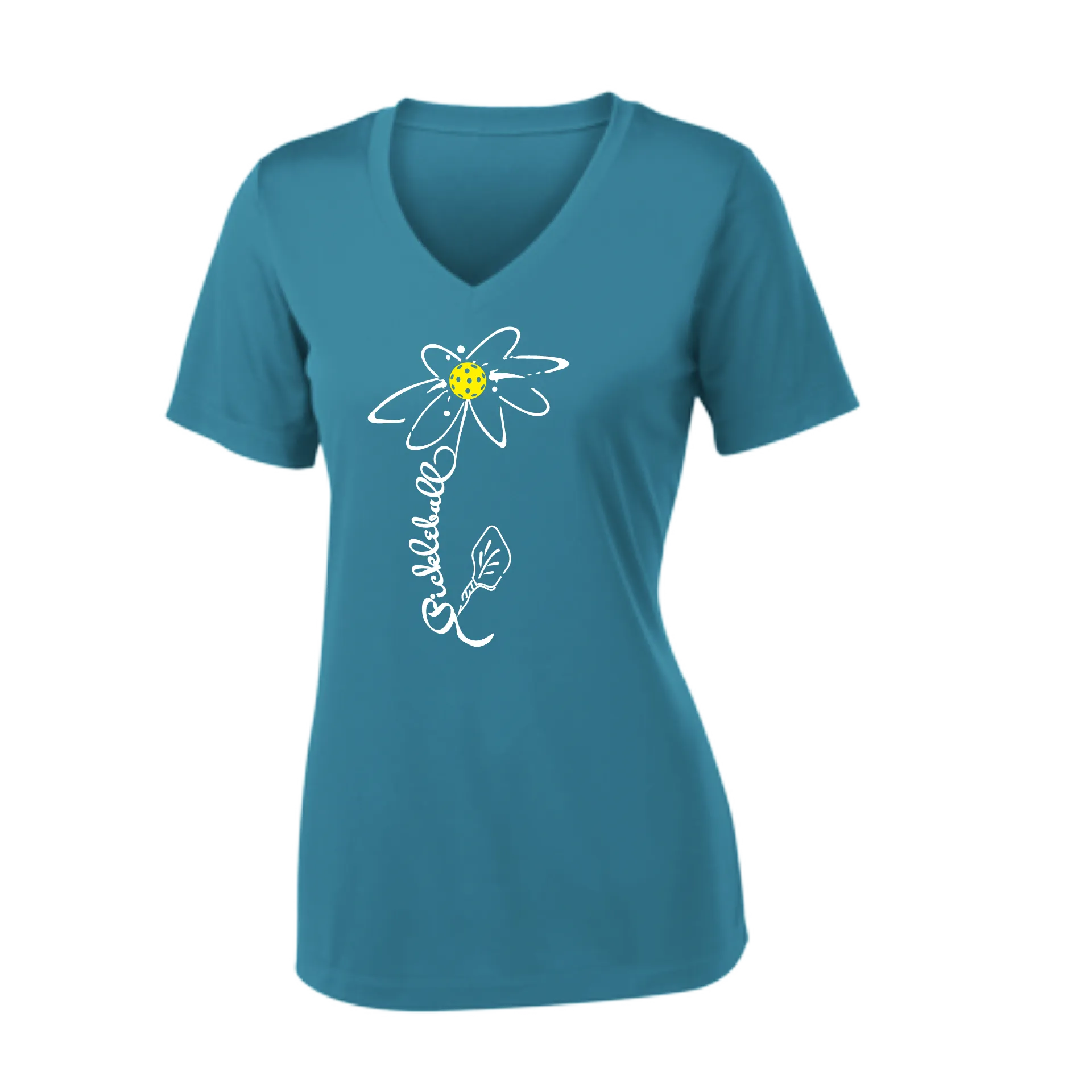 Pickleball Flower (Yellow, Cyan or Green) | Women's Short Sleeve V-Neck Pickleball Shirts | 100% Polyester