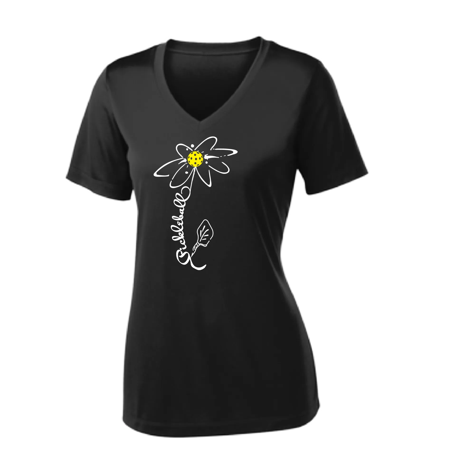 Pickleball Flower (Yellow, Cyan or Green) | Women's Short Sleeve V-Neck Pickleball Shirts | 100% Polyester