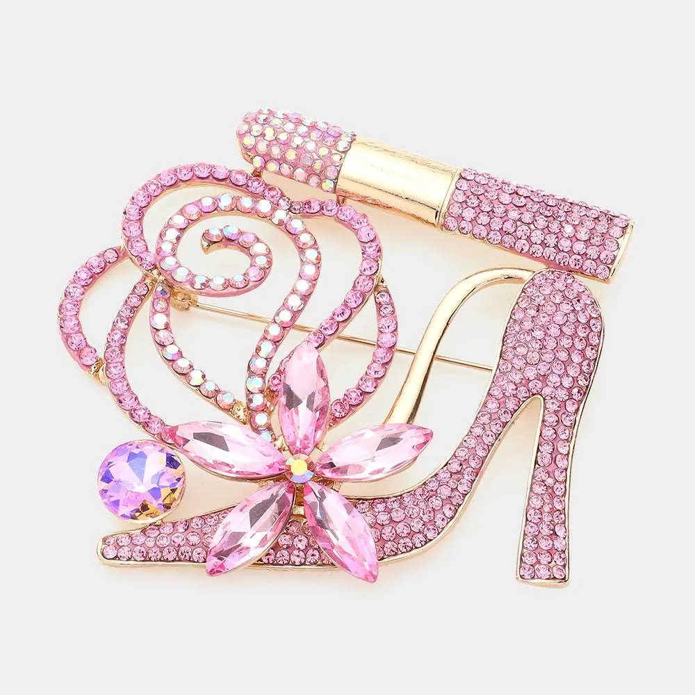 Pink Rhinestone High Heel Lipstick Brooch-M H W ACCESSORIES