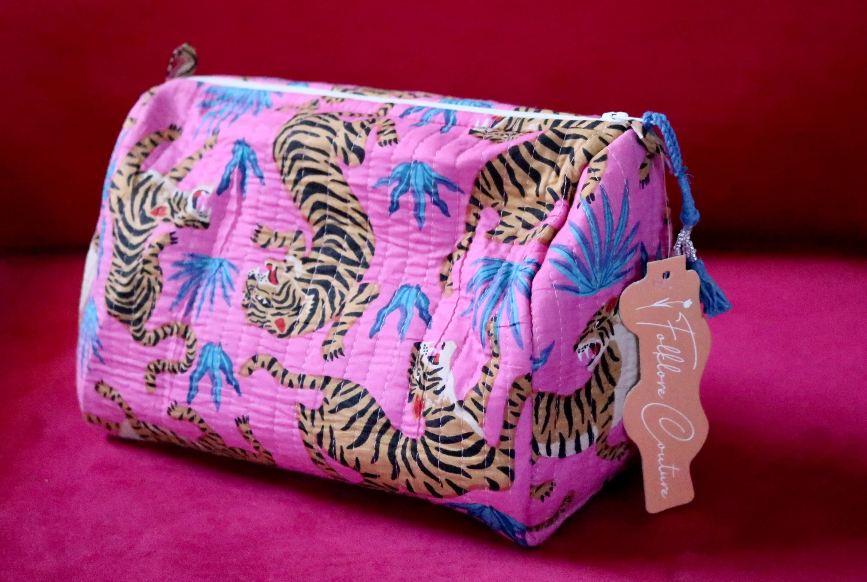 Quilted Cosmetic Bag | Pink & Blue Tigers